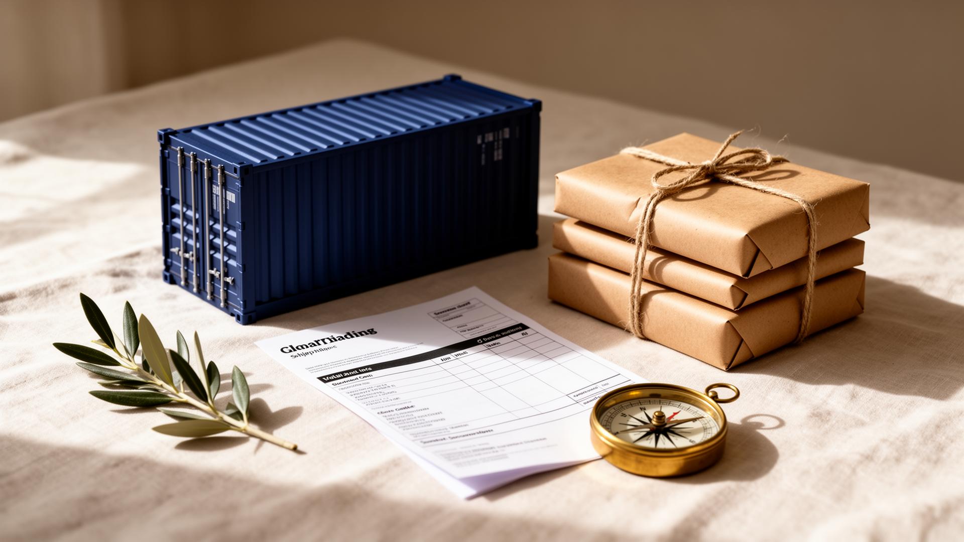 Editorial still life of a navy cargo container, kraft parcels, shipping manifest, and brass compass — representing Merqoon's general trading services